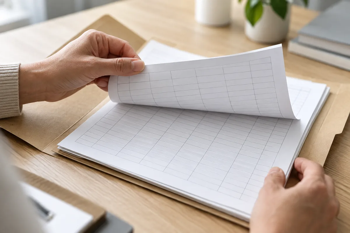 Mains feuilletant un dossier de feuilles d’émargement vierges posé sur une table de travail claire