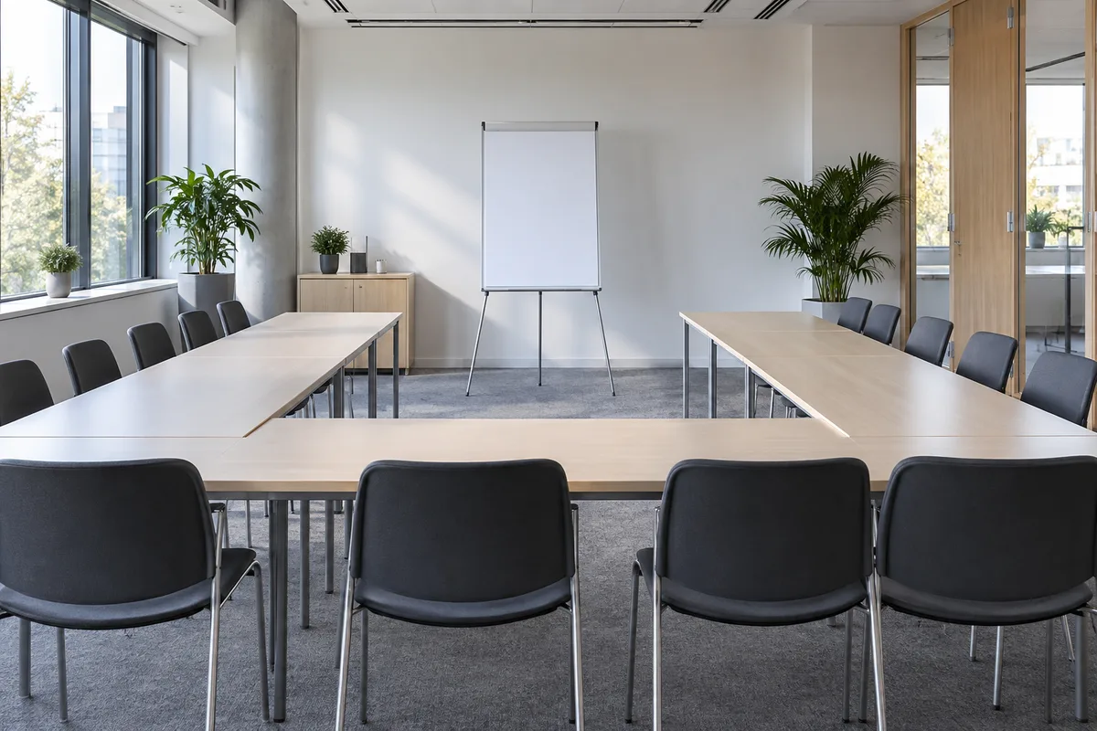 Salle de formation vide avec chaises alignées devant un paperboard blanc et lumière naturelle