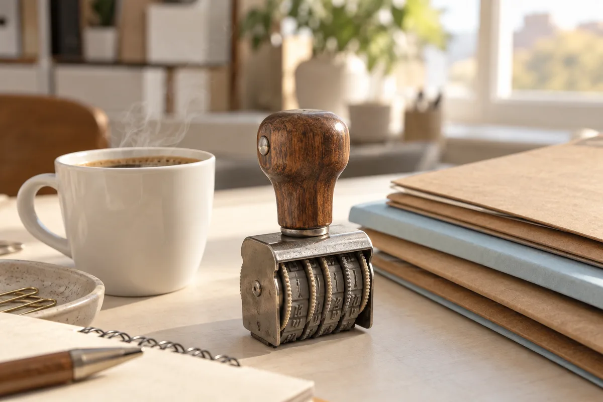 Tasse de café et tampon dateur posés près d’une pile de dossiers fermés sur un bureau clair