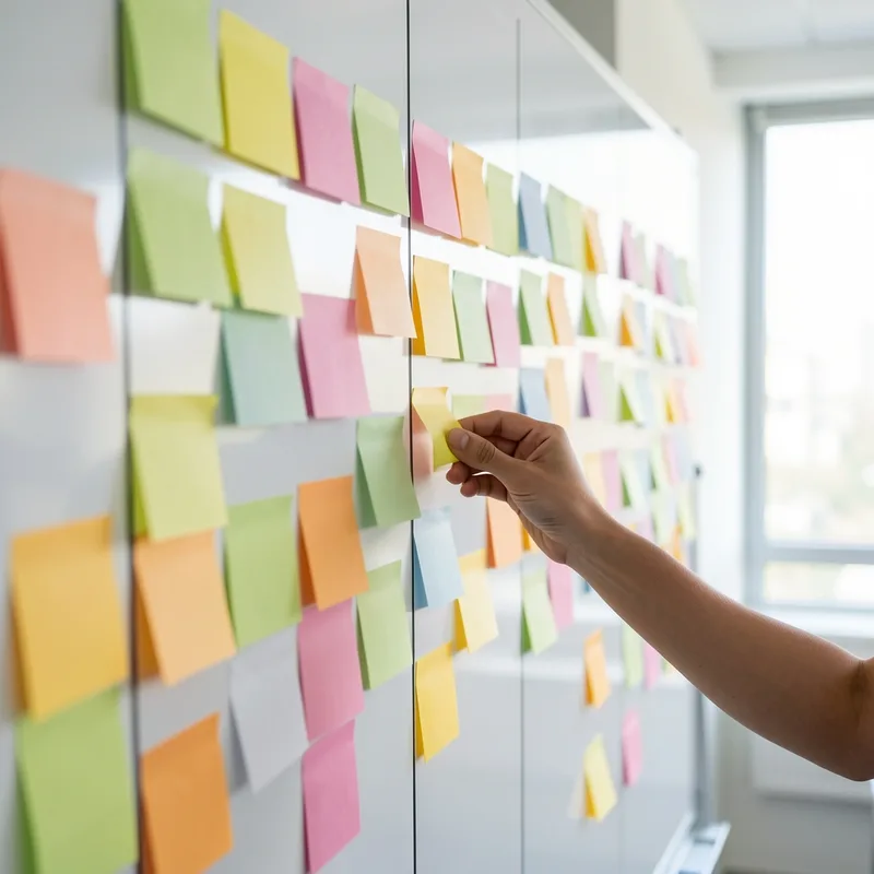 Tableau de suivi qualité couvert de notes adhésives dans un centre de formation