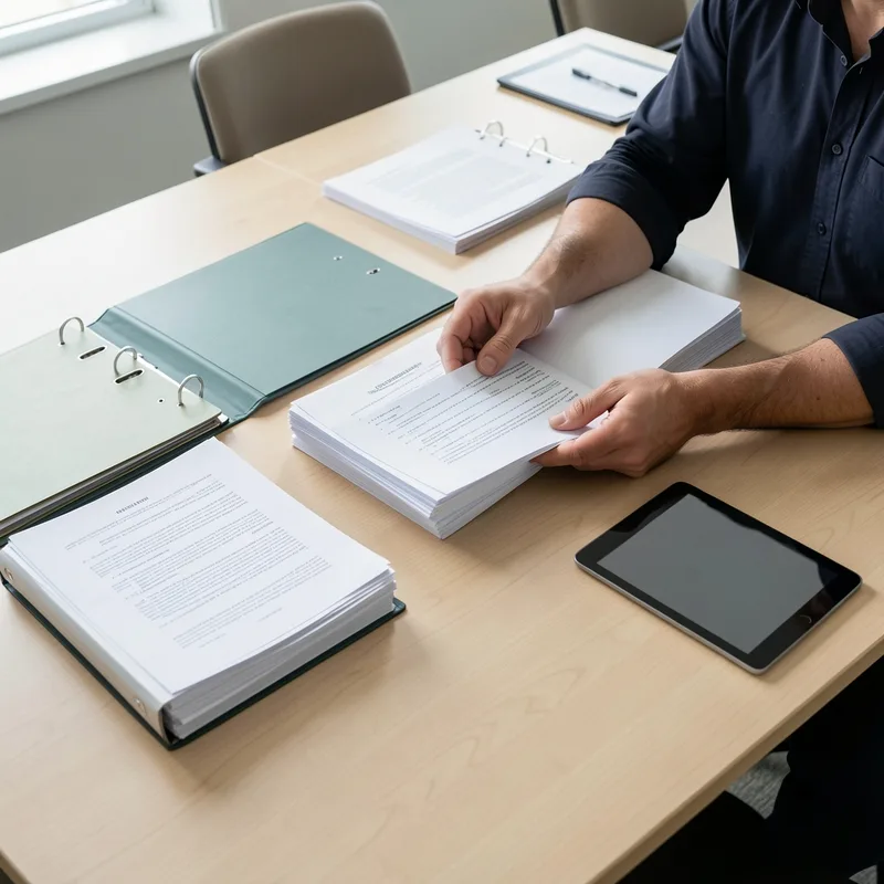 Auditeur examinant des classeurs de preuves qualité sur une table de réunion