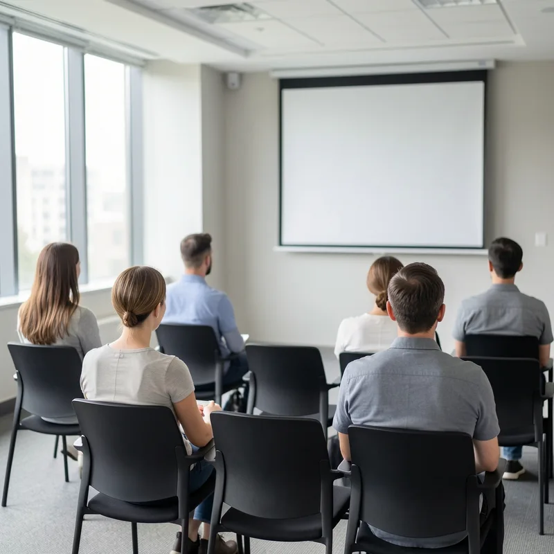 Groupe d&rsquo;adultes suivant une formation dans une salle claire, vue de trois quarts arrière