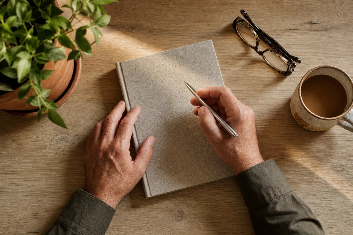 Mains tenant un stylo au-dessus d&rsquo;un carnet fermé sur un bureau en bois clair, lunettes et tasse à proximité