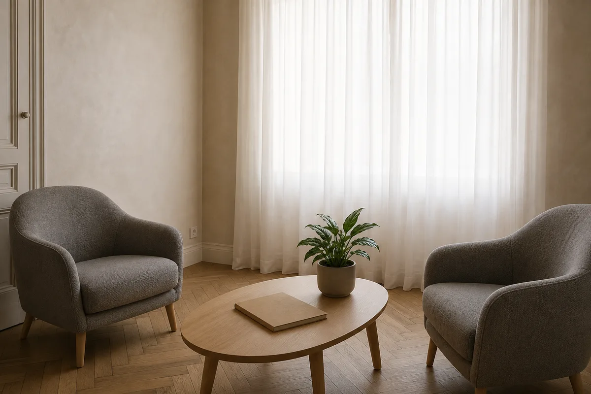 Salle d&rsquo;entretien vide avec deux fauteuils face à face, table basse et plante verte devant une fenêtre