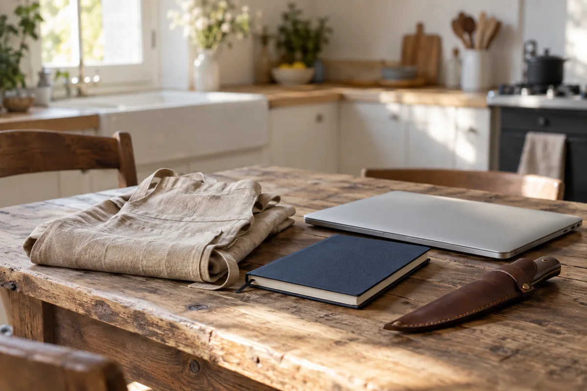 Tablier de cuisine plié à côté d’un ordinateur portable fermé et d’un carnet sur une table en bois