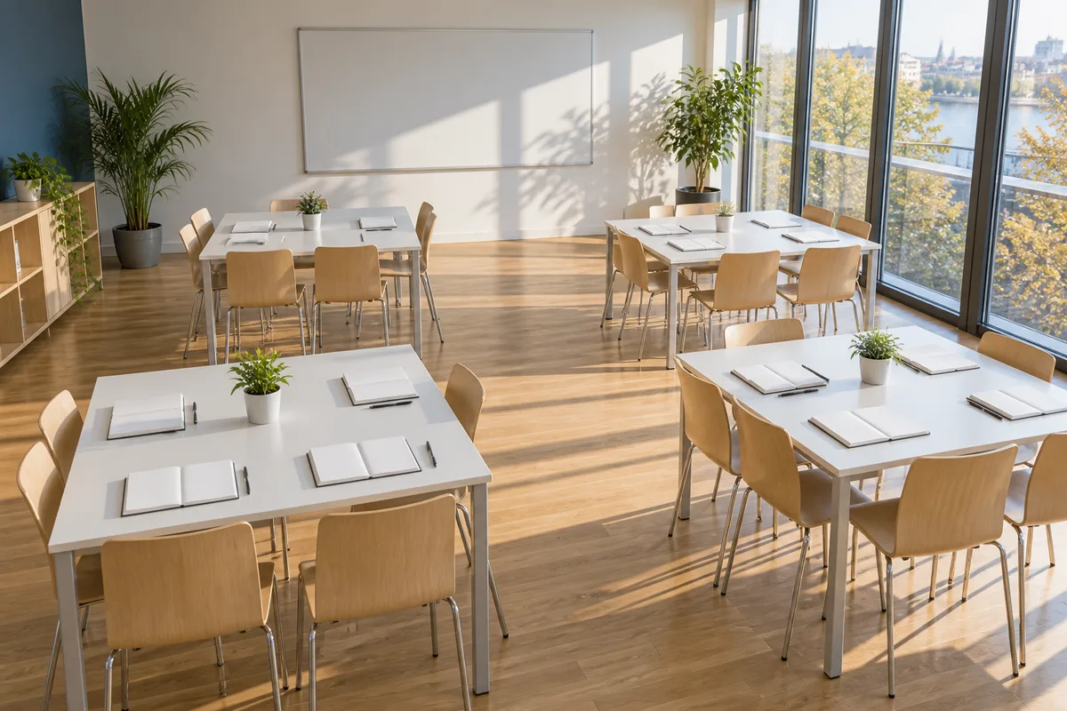 Salle de formation vide avec tables disposées en îlots, carnets ouverts aux pages blanches et lumière du matin