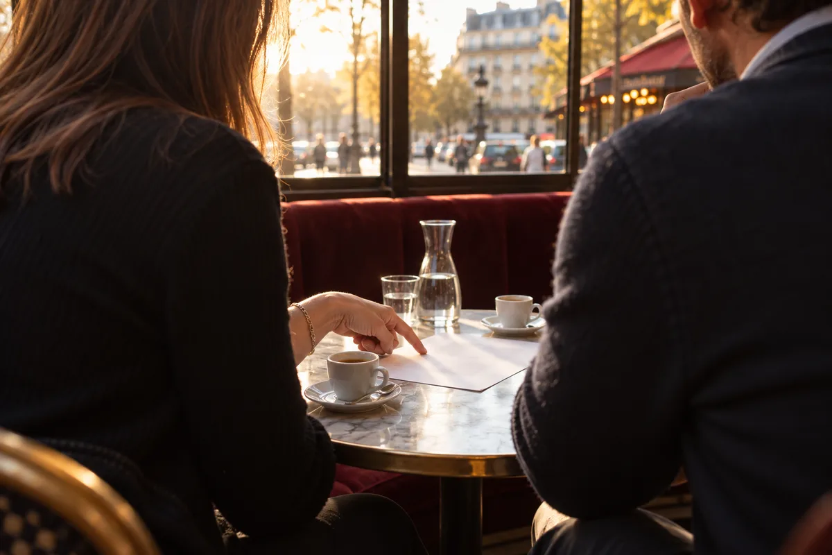 Deux personnes vues de dos penchées sur des feuilles posées sur une table de café, lumière de fin d’après-midi