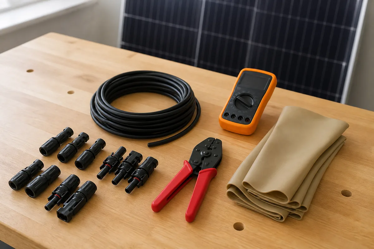 Établi d&rsquo;atelier de formation avec connecteurs solaires, pince à sertir et gants de protection posés sur un plan de travail en bois