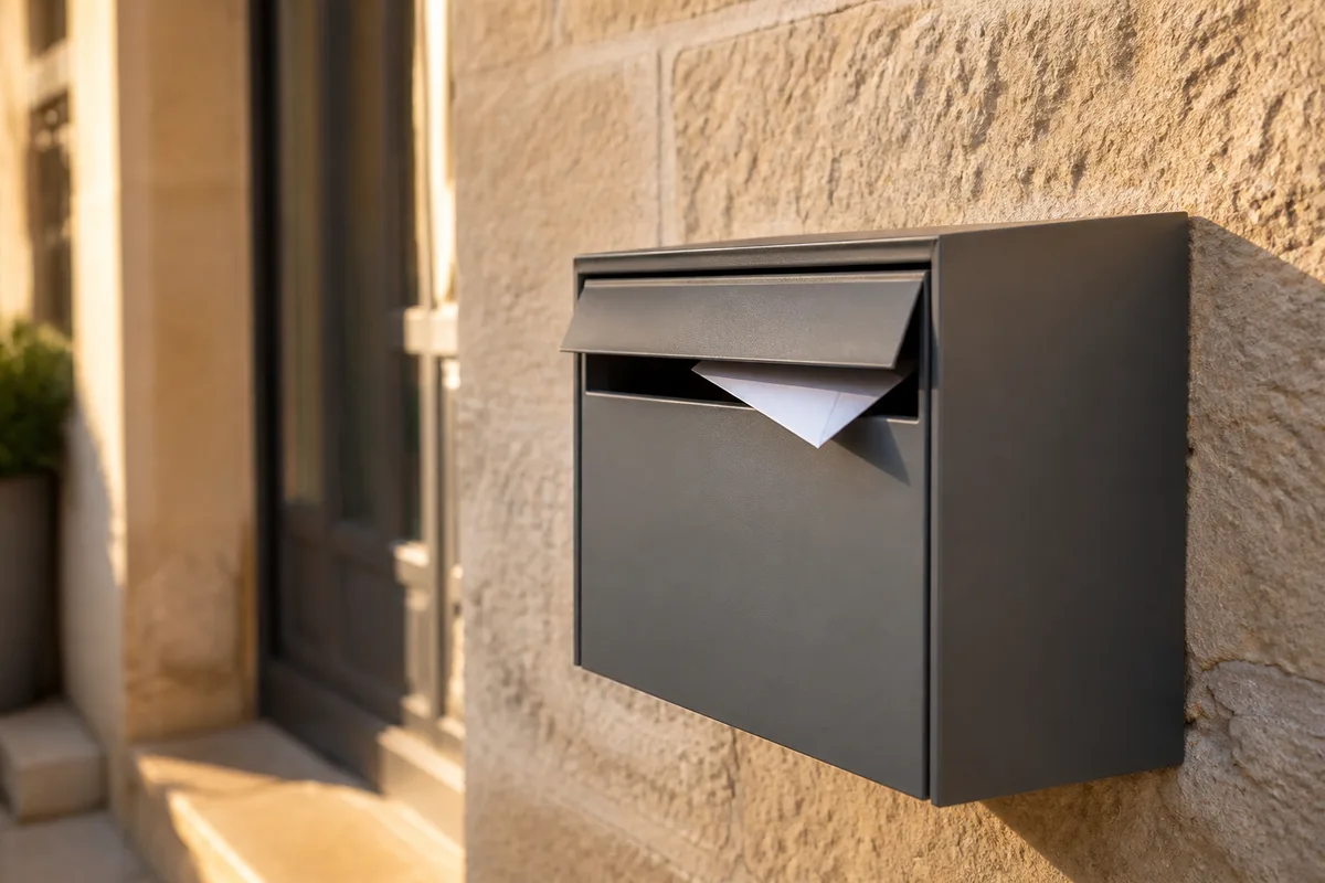 Boîte aux lettres métallique unie fixée sur une façade en pierre, lumière de fin de journée