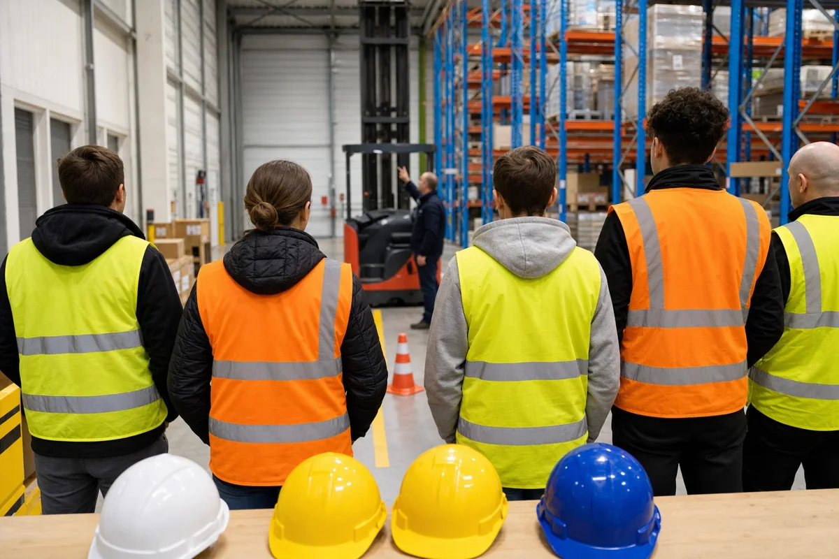Stagiaires en gilet haute visibilité écoutant une consigne devant des palettiers, vue de dos
