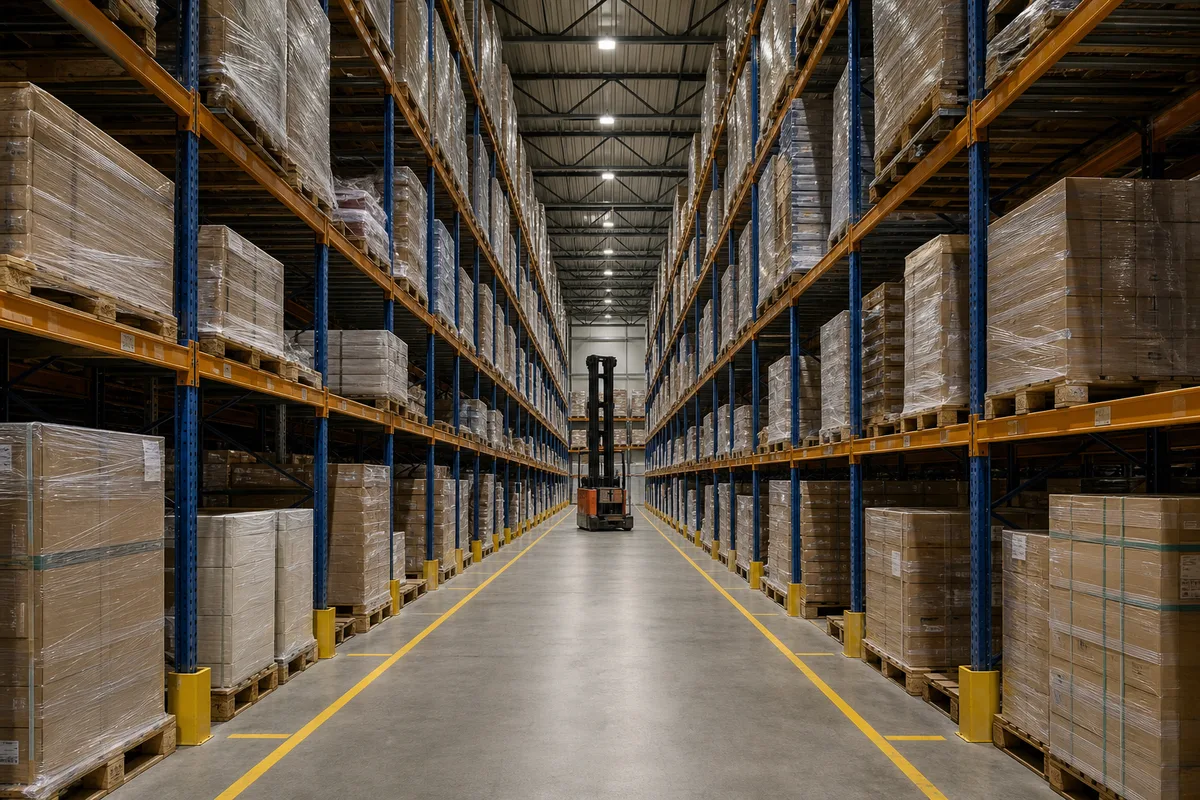 Allée centrale d&rsquo;un entrepôt logistique avec rayonnages hauts et chariot à mât rétractable au loin