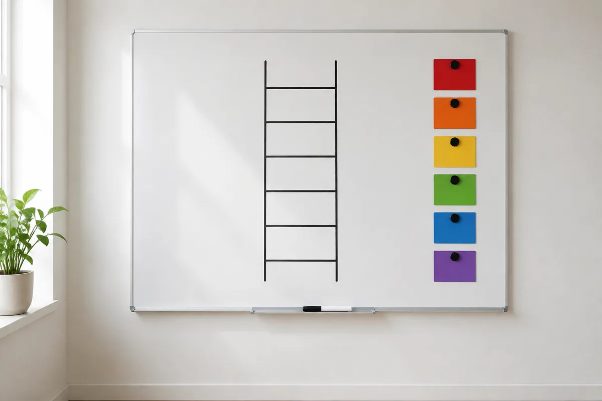 Tableau blanc portant une échelle tracée au marqueur et six fiches cartonnées de couleurs différentes