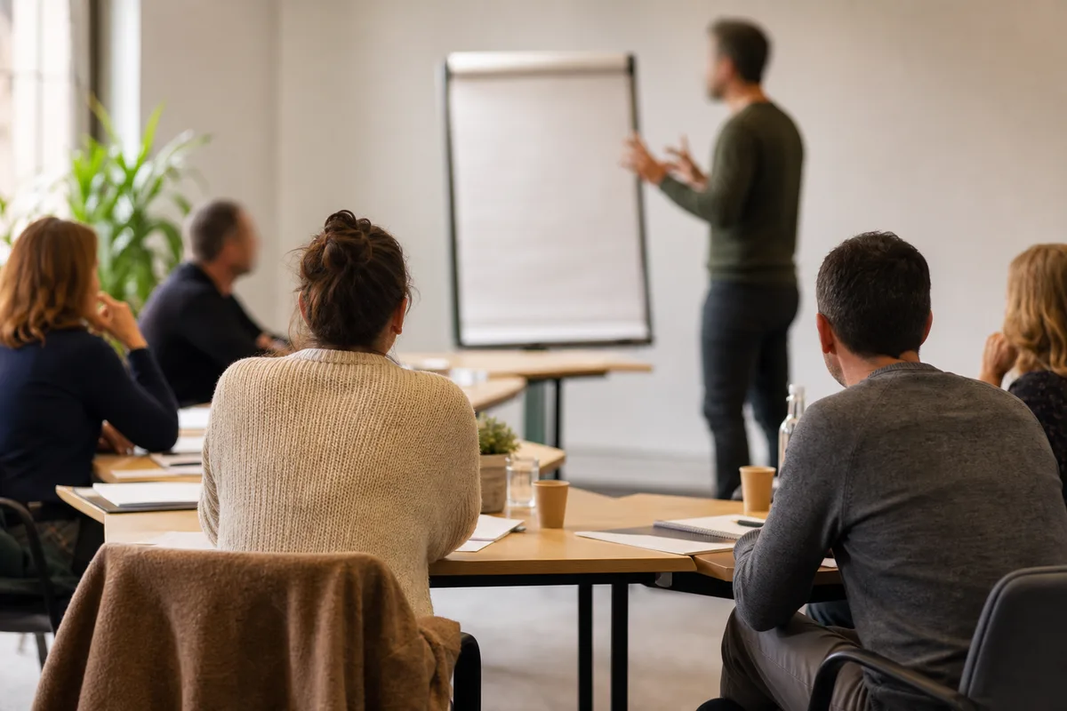 Formateur animant un atelier devant un petit groupe d&rsquo;adultes en salle de formation