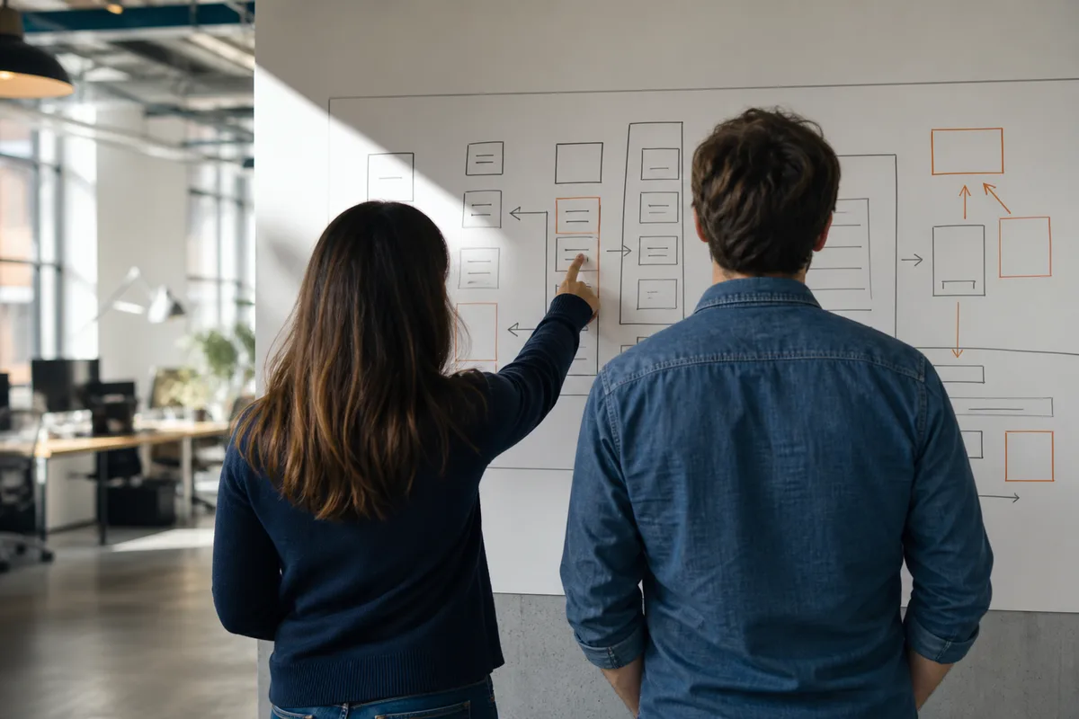 Deux personnes de dos comparant des propositions de prestataires affichées sur un tableau blanc