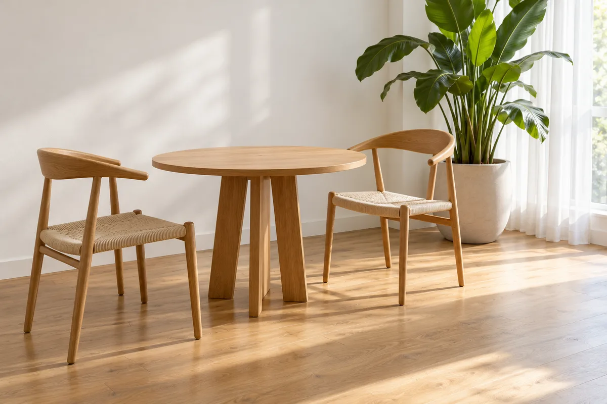 Deux chaises vides face à face autour d&rsquo;une petite table ronde en chêne, près d&rsquo;une fenêtre et d&rsquo;une plante haute