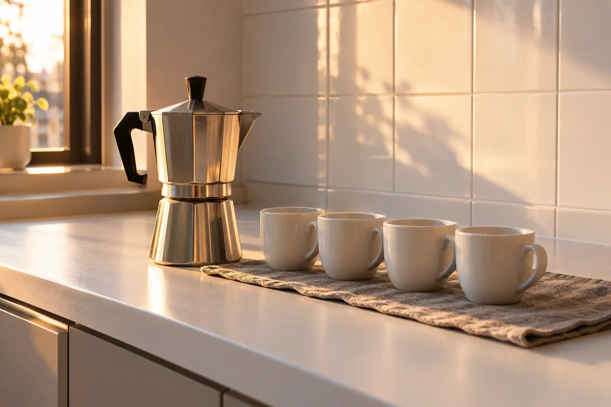 Cafetière en inox et tasses blanches sur le comptoir d&rsquo;une kitchenette au petit matin