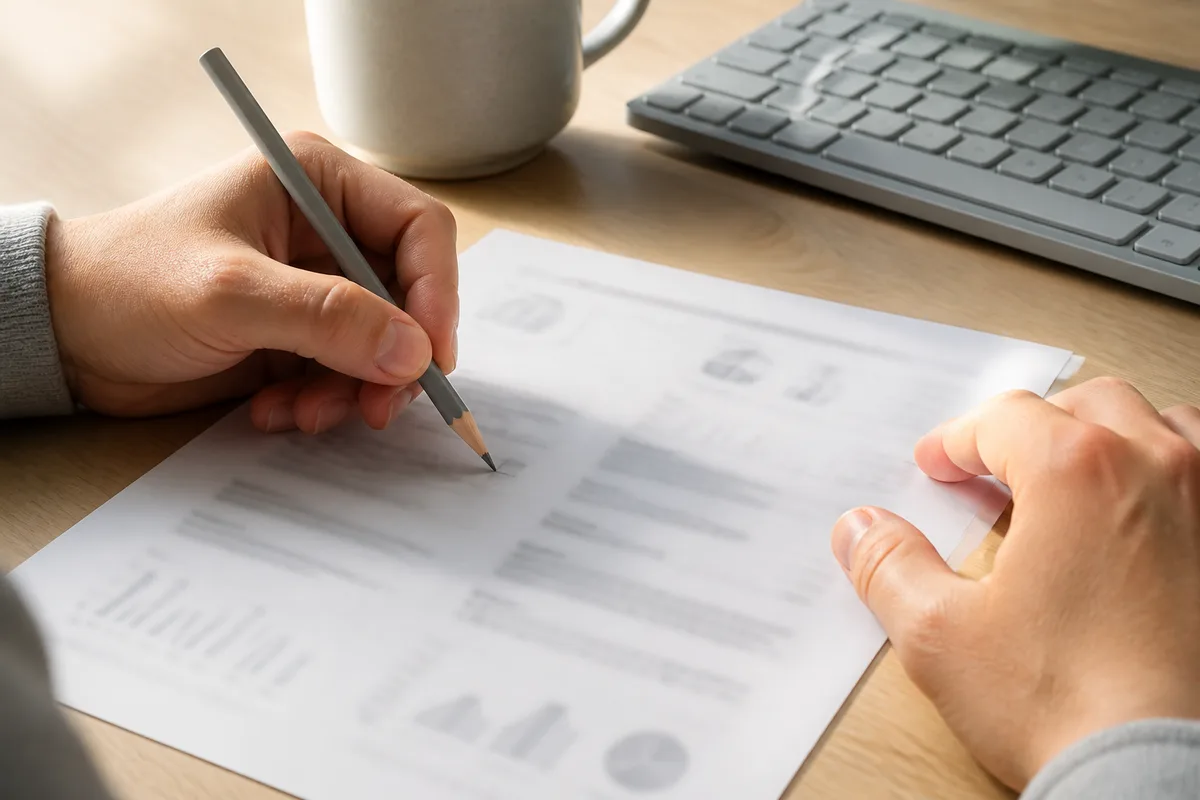 Mains d&rsquo;un salarié annotant au crayon un document imprimé posé près d&rsquo;un clavier