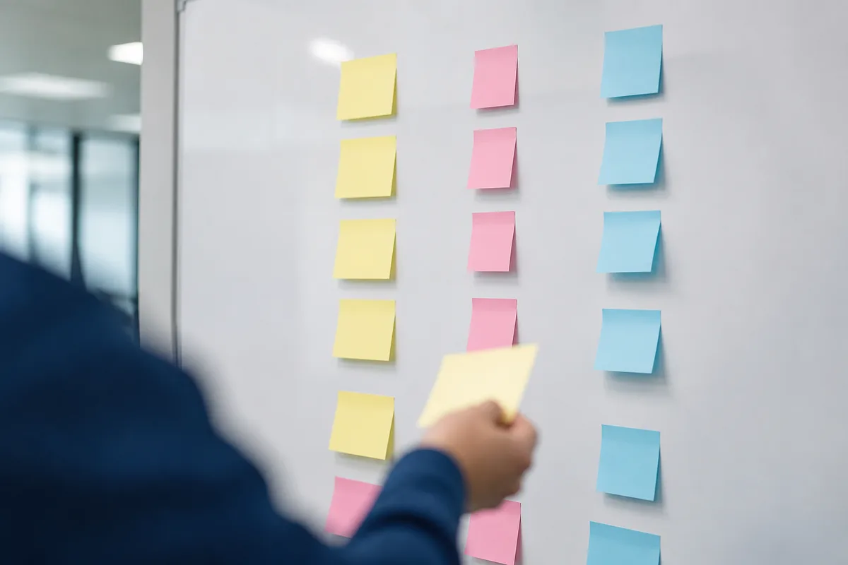 Tableau blanc couvert de fiches repositionnables lors d&rsquo;un atelier interne en petite entreprise