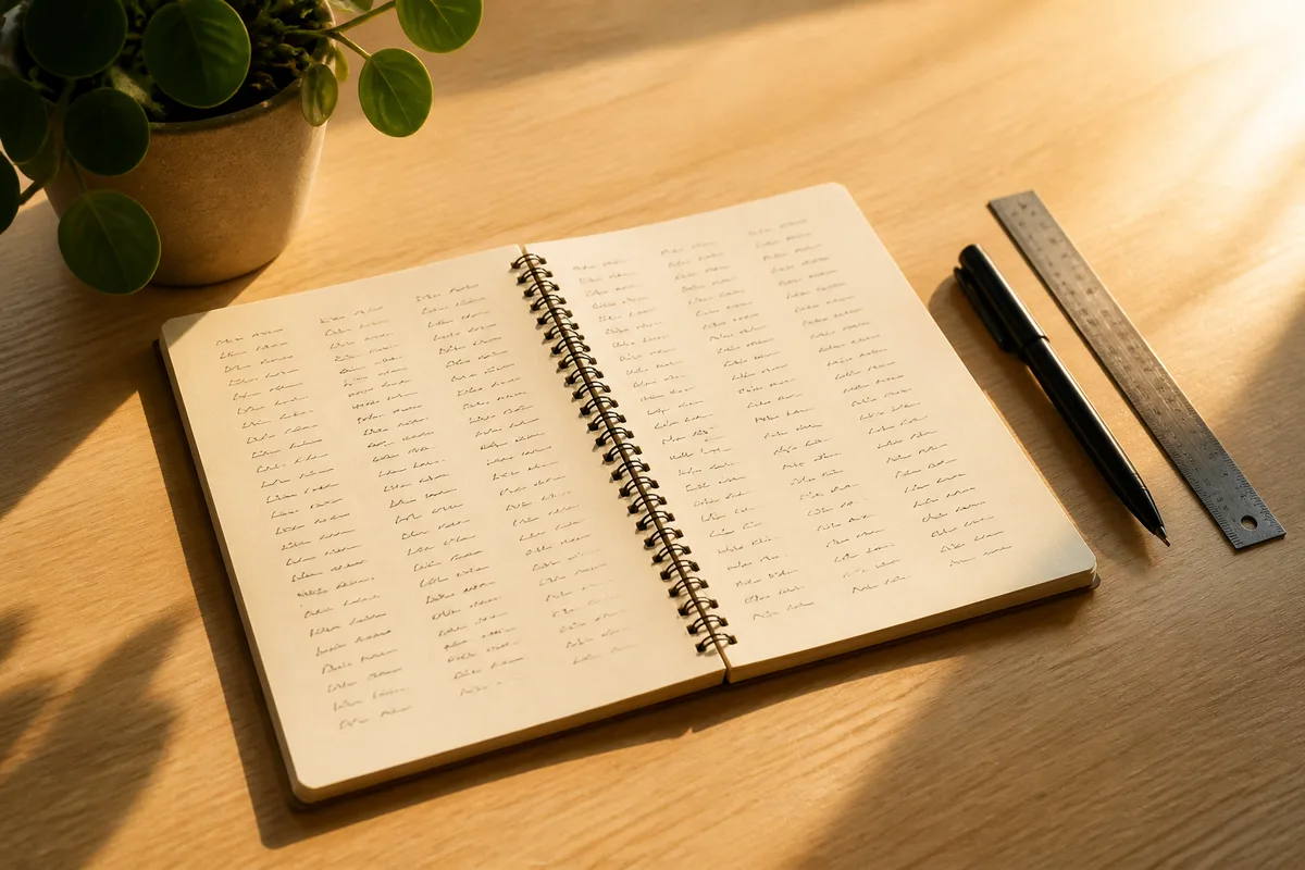 Carnet ouvert couvert de relevés manuscrits posé sur un bureau clair en fin de journée