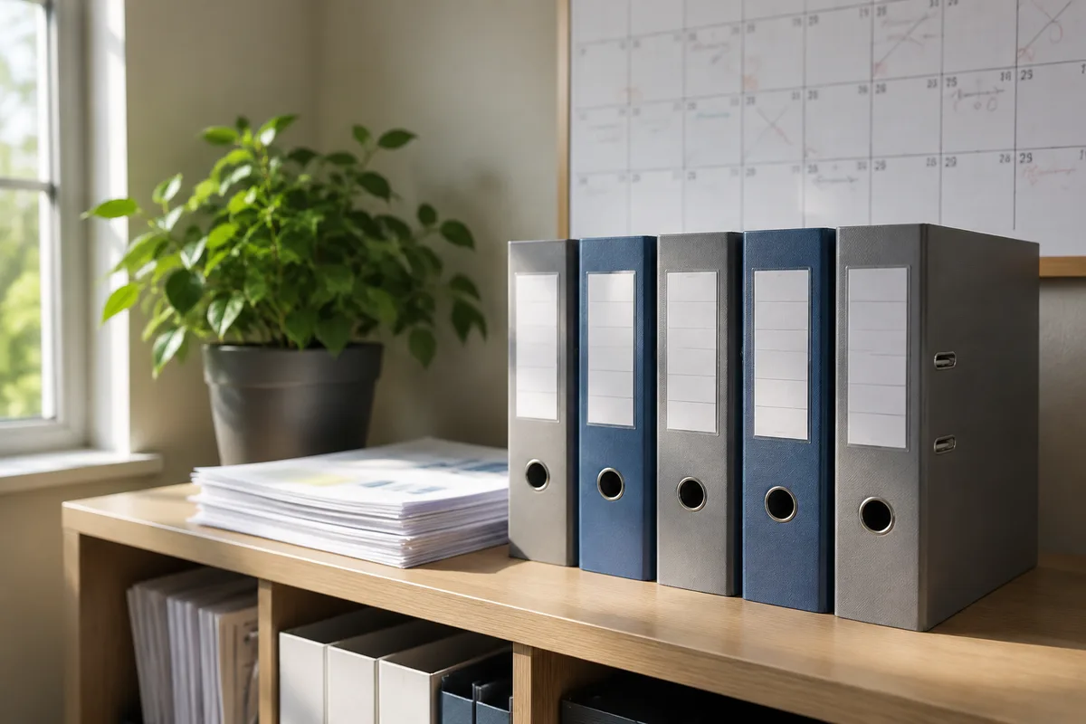 Bureau clair avec classeurs à levier alignés, feuilles de présence et calendrier mural annoté
