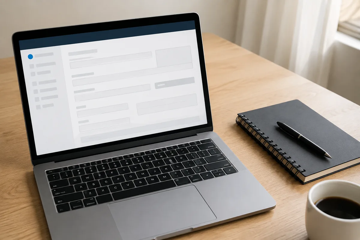 Écran d&rsquo;ordinateur affichant un formulaire de déclaration en ligne, carnet et stylo posés à côté