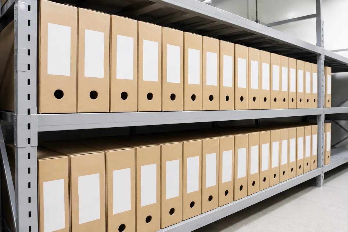 Boîtes d&rsquo;archives kraft à étiquettes vierges alignées sur deux niveaux d&rsquo;une étagère métallique
