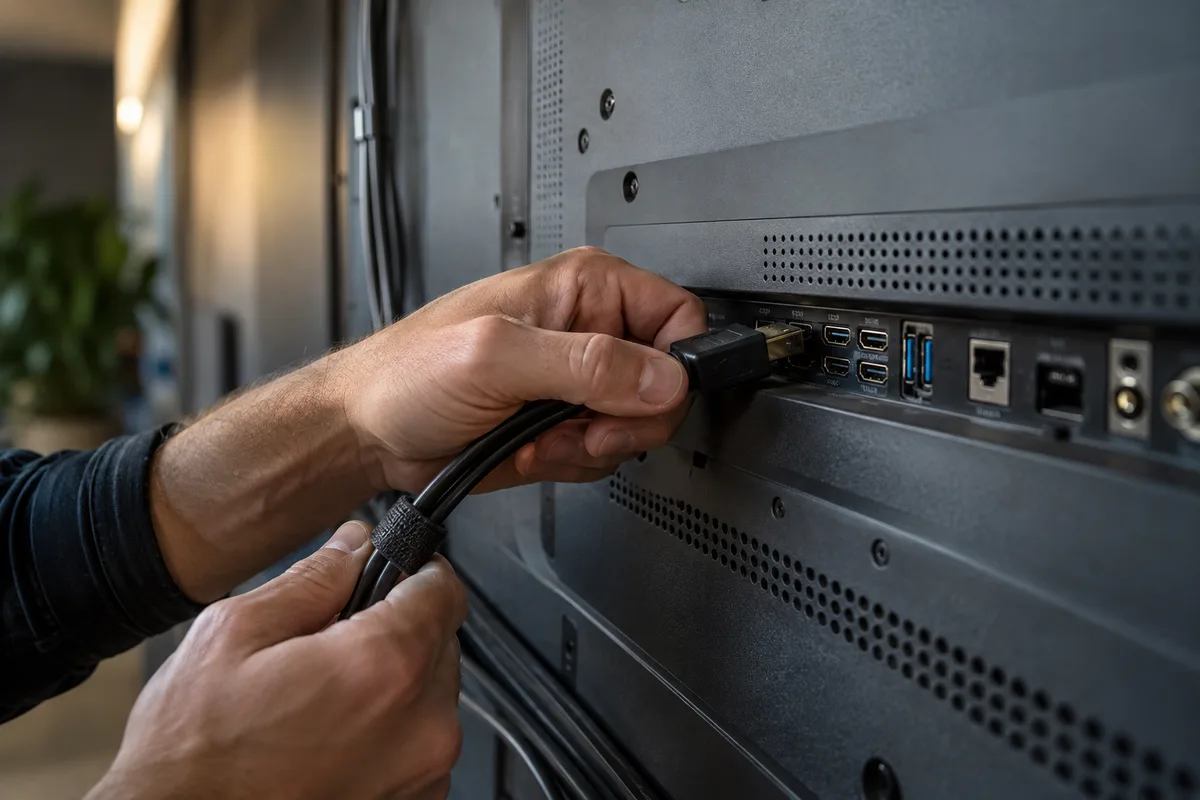 Mains branchant un câble HDMI à l’arrière d’un grand écran mural