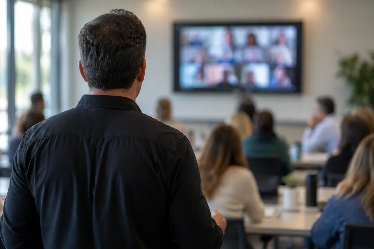 Formateur de dos face à un groupe de stagiaires et à un écran affichant des vignettes floues