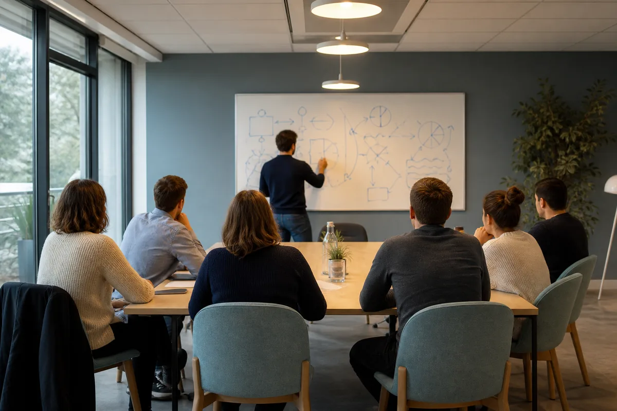 Salariés d&rsquo;une petite entreprise réunis autour d&rsquo;une table pour une session de formation