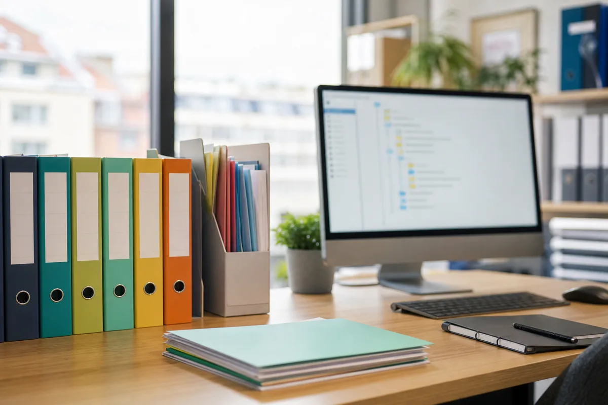 Espace de travail avec classeurs, dossiers colorés et écran affichant une organisation de fichiers