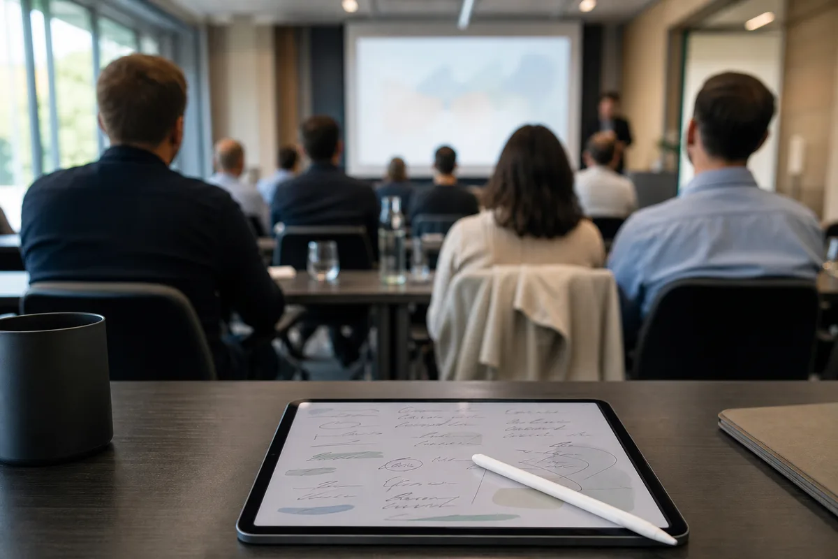 Personne de dos suivant une session de formation, tablette de prise de notes au premier plan