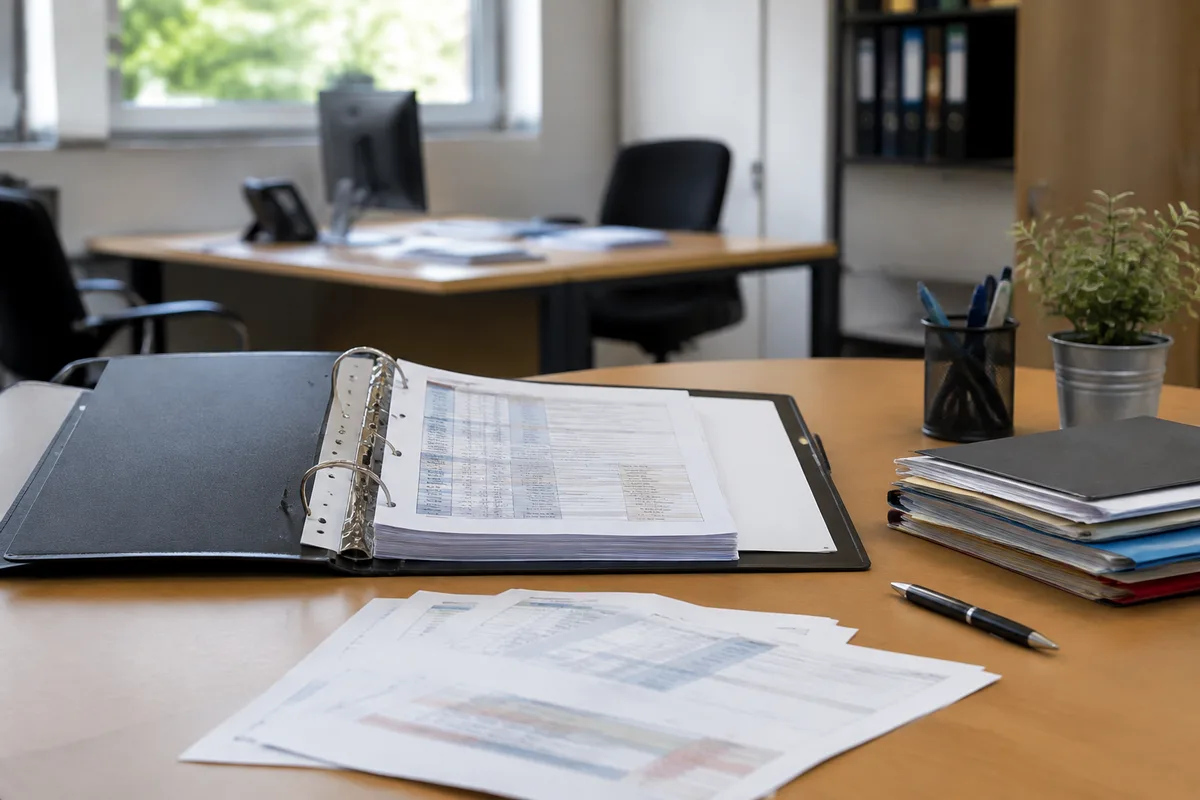Bureau avec un classeur ouvert, des fiches de suivi imprimées et un stylo, ambiance administrative sobre
