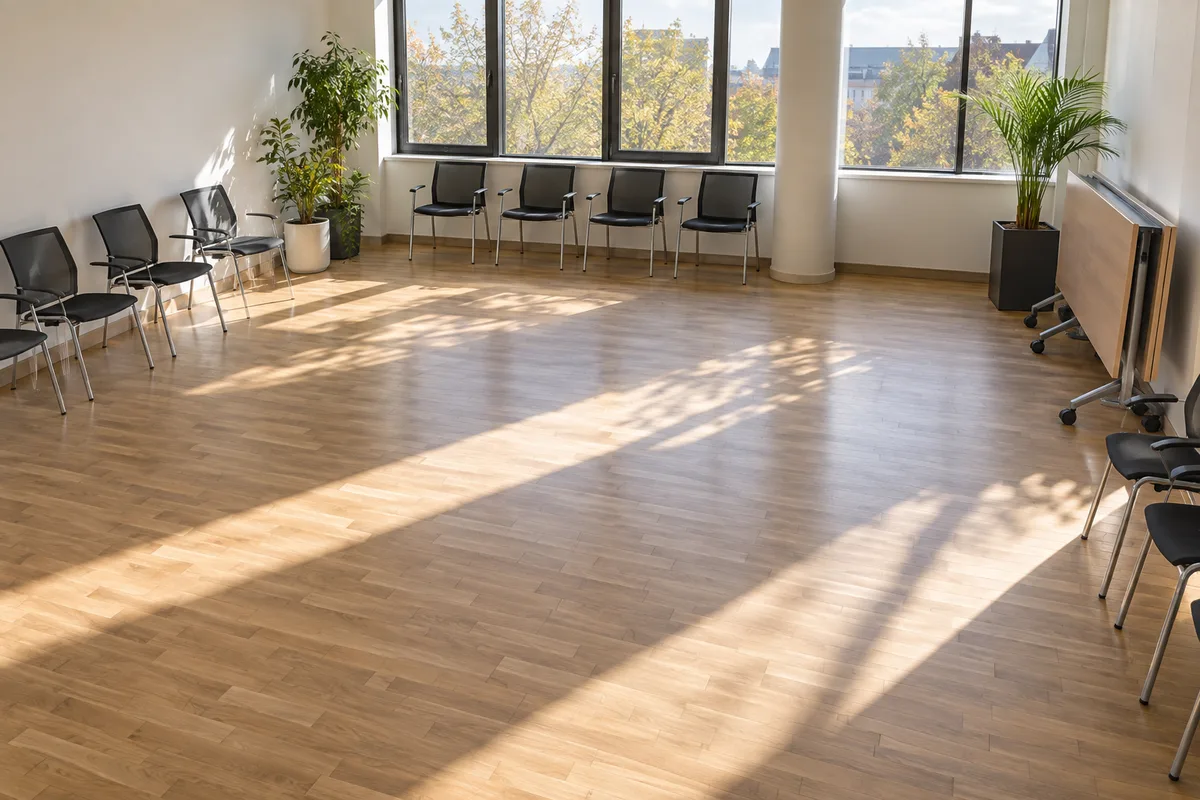 Salle de réunion transformée en espace de jeu, chaises poussées contre les murs et parquet dégagé sous la lumière des fenêtres