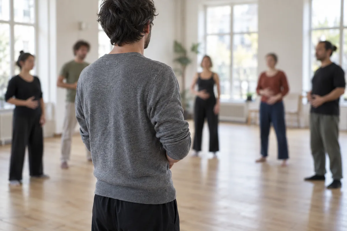 Formateur vu de dos guidant un exercice de voix face à un petit groupe d&rsquo;adultes dans une salle de répétition claire