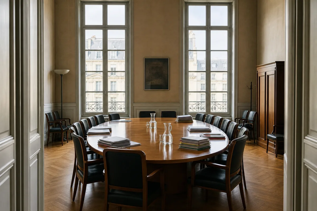 Salle de réunion universitaire vide avec table ovale et dossiers empilés, lumière naturelle