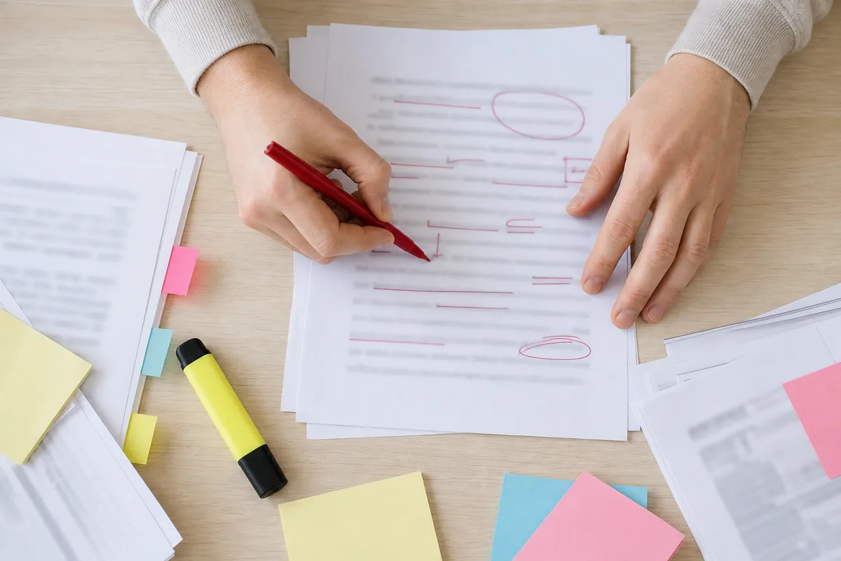 Documents imprimés annotés au stylo rouge et surligneur sur une table, gros plan sur les mains